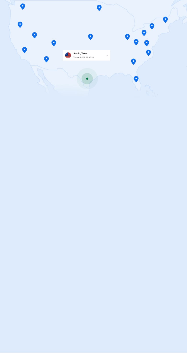 Kart over USA med kartnåler som viser serverplasseringer